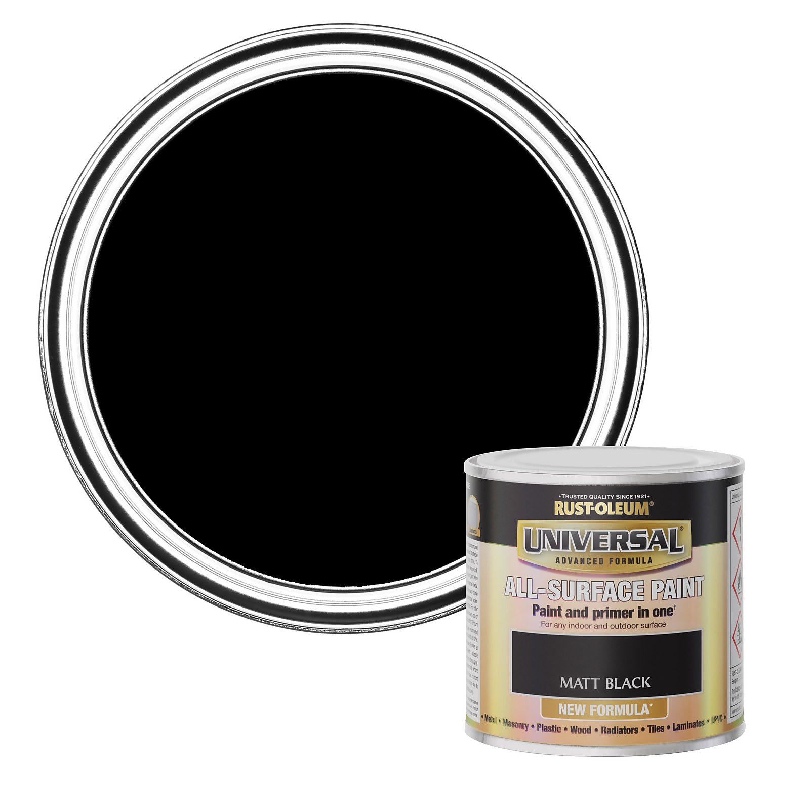 Universal Matt Black 250ml paint can by Rust-Oleum, featuring a sleek black finish, labeled for all-surface use, with a shiny silver lid and bold product information.