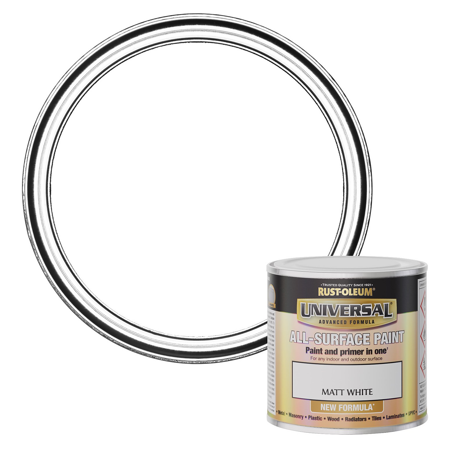 Rust-Oleum Universal Matt Paint in a 250ml can, featuring a sleek design with a black and gold label, labeled "All-Surface Paint" in Matt White, alongside a circular metallic lid.