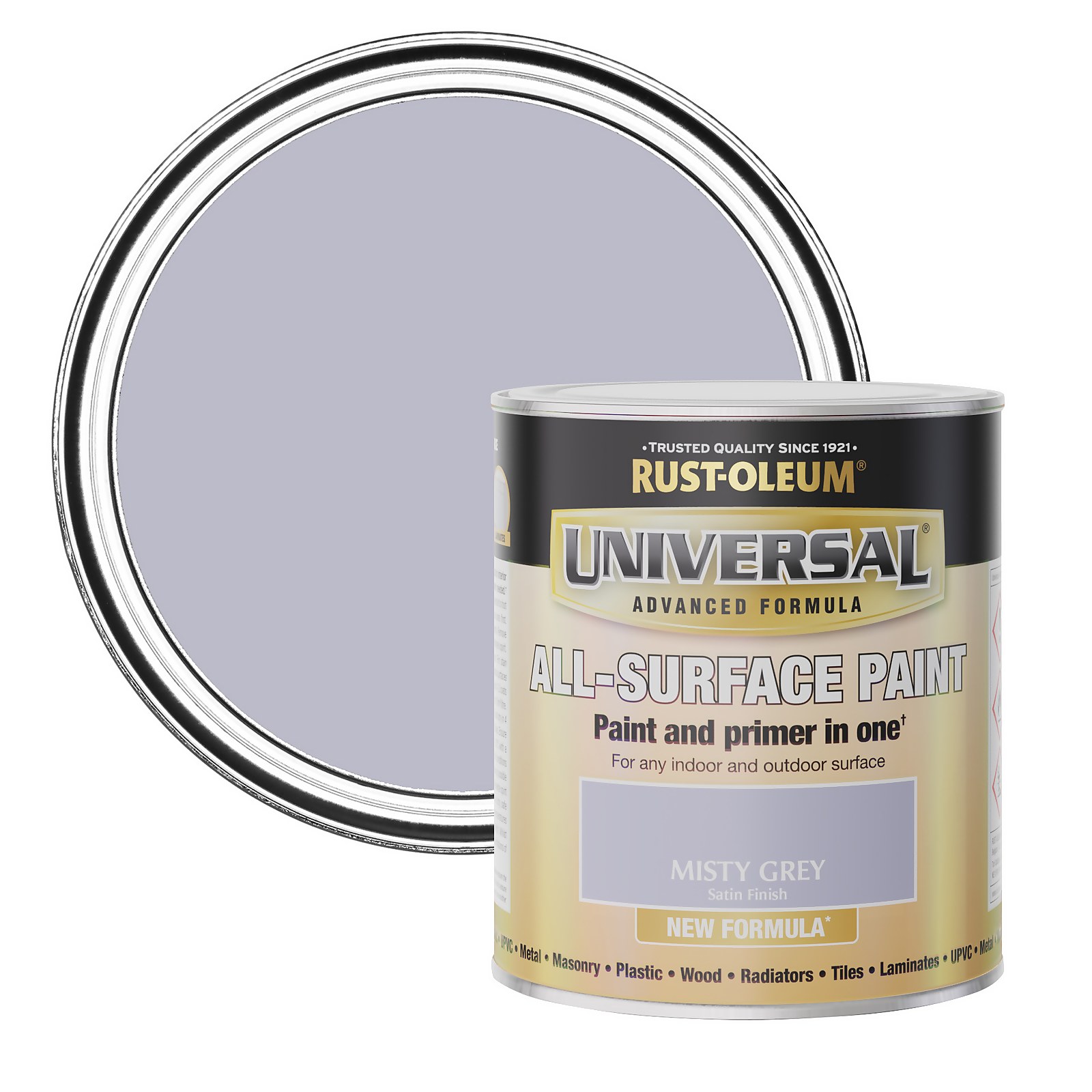 Universal all-surface paint in a 750ml can, featuring a satin finish in Misty Grey, with a metallic label and a lid showing the same grey color.