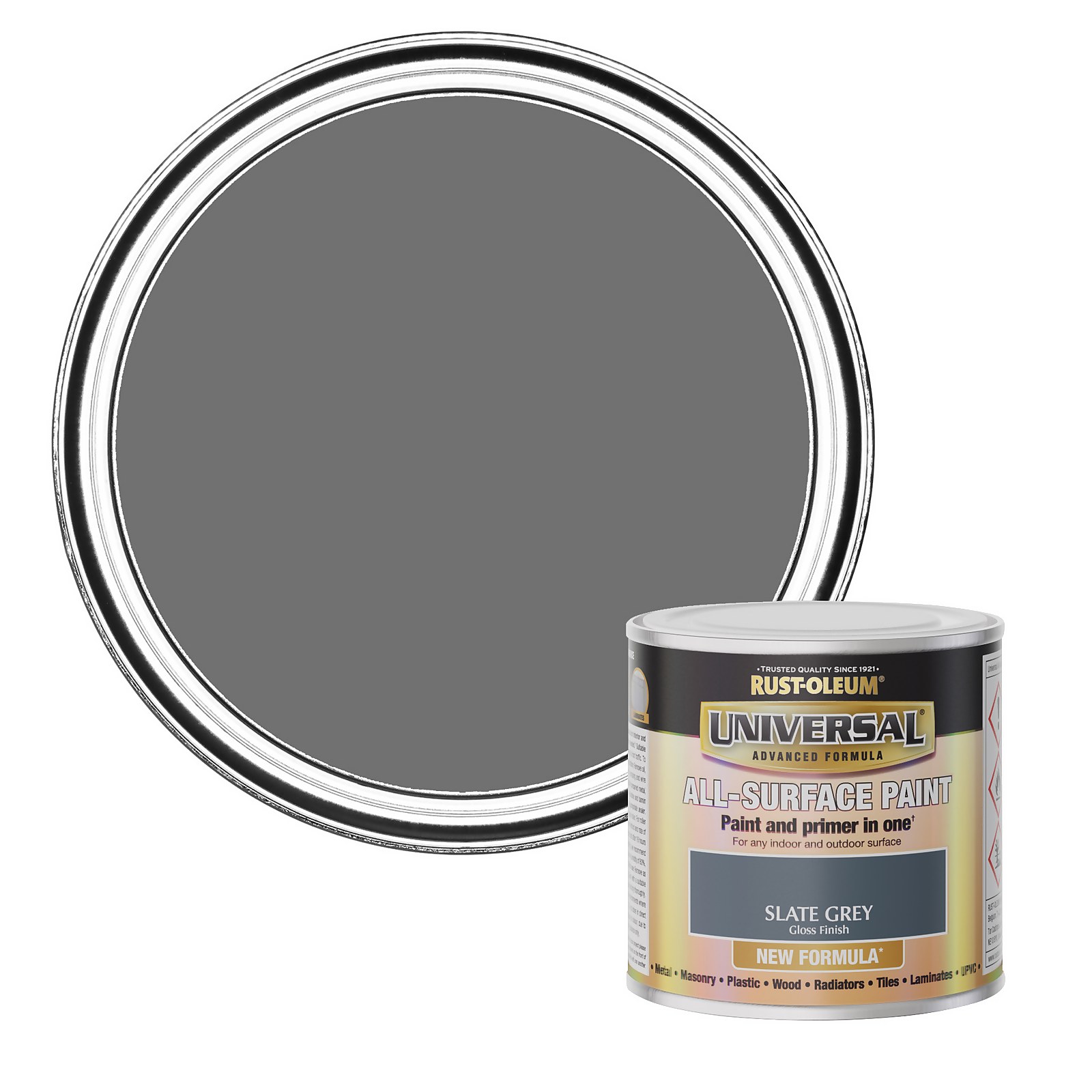 Slate grey 250ml can of Rust-Oleum Universal Gloss paint, featuring a round lid and labeled as an all-surface paint and primer in one, ideal for various materials.