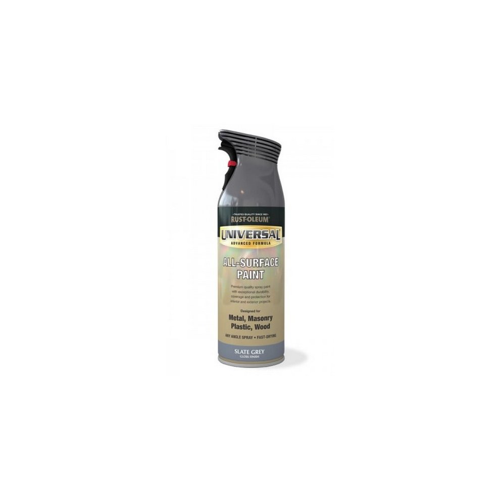 Glossy slate grey spray paint canister with a black nozzle, labeled "Rust-Oleum Universal" and suitable for various surfaces like metal and wood, containing 400ml.