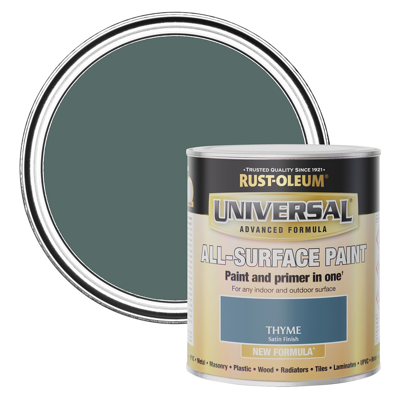 Satin finish all-surface paint in a 750ml can, labeled "THYME," featuring a deep green color with a light blue band and text indicating it's suitable for indoor and outdoor use.