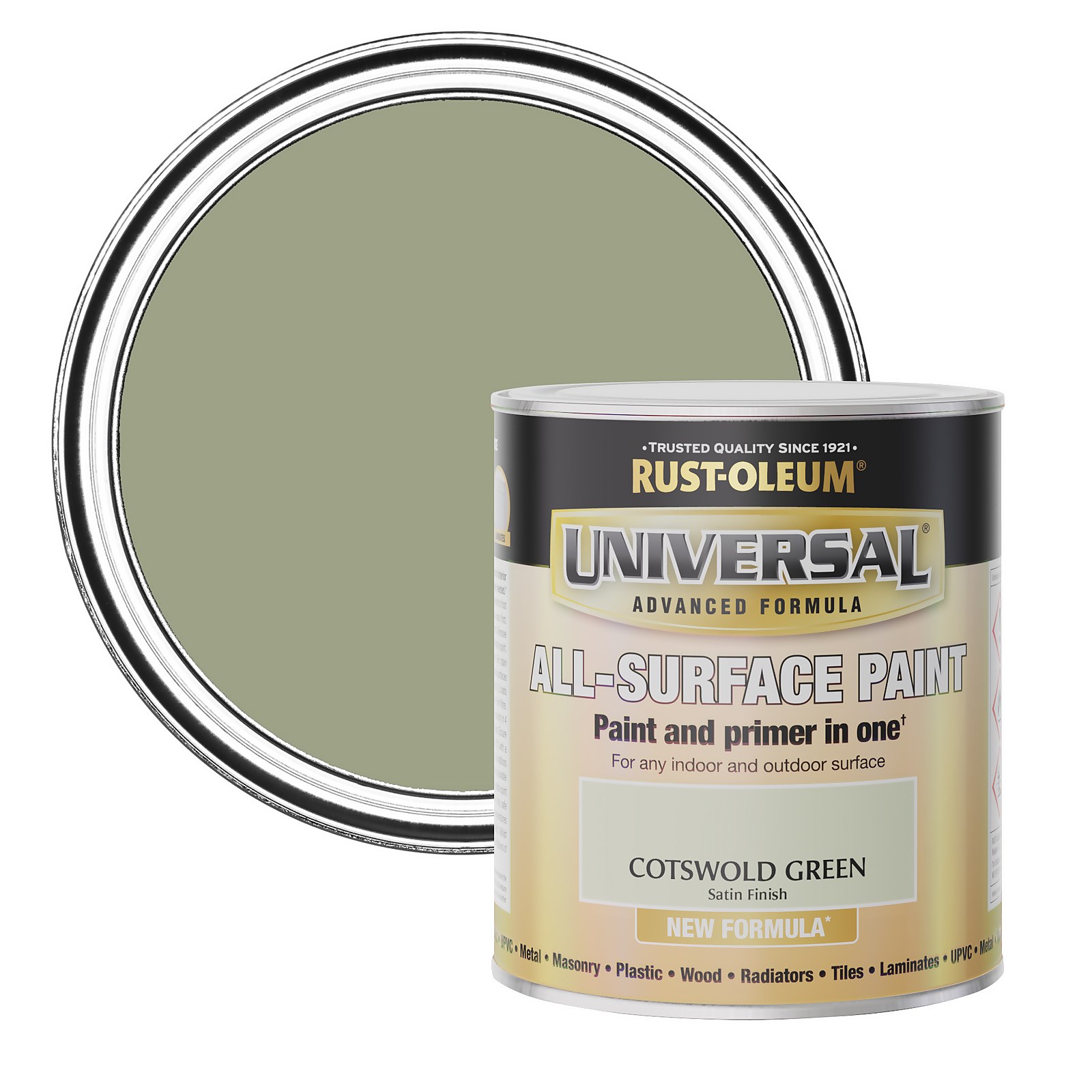 Cotswold Green satin finish all-surface paint in a 750ml can, featuring a silver lid and label with product details and Rust-Oleum branding.