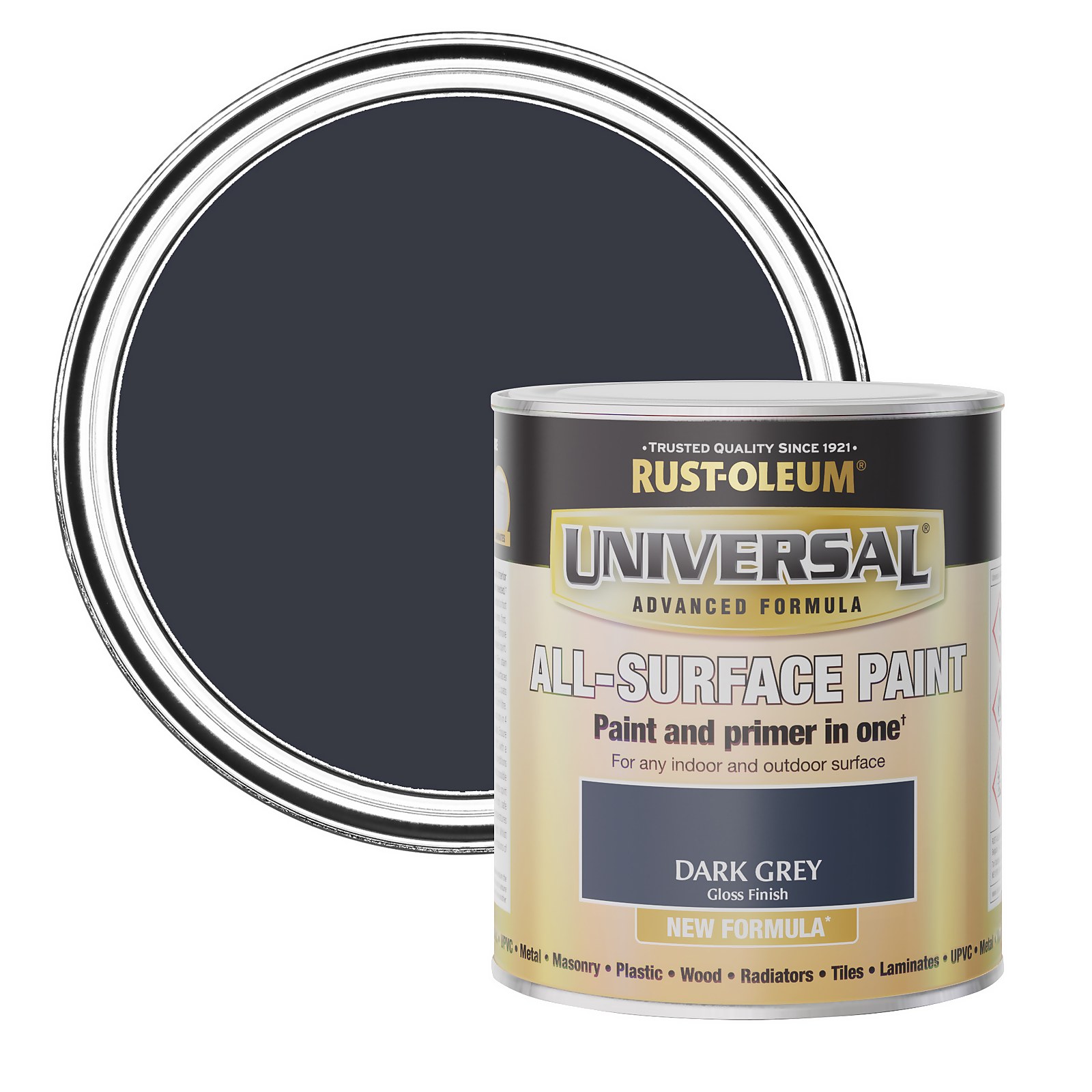 Glossy dark grey paint canister with a 750ml capacity, labeled "Universal All-Surface Paint" by Rust-Oleum, featuring a sleek design and a lid partially removed to reveal the paint inside.
