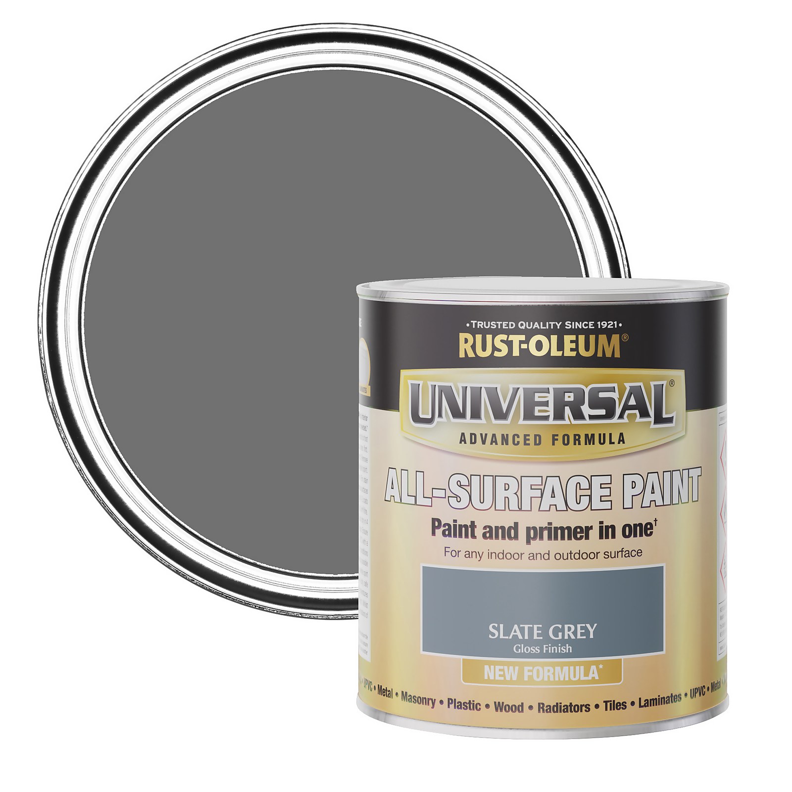 Universal all-surface paint in slate grey, 750ml can with a gloss finish, featuring a silver lid and bold branding on the label, suitable for various indoor and outdoor surfaces.