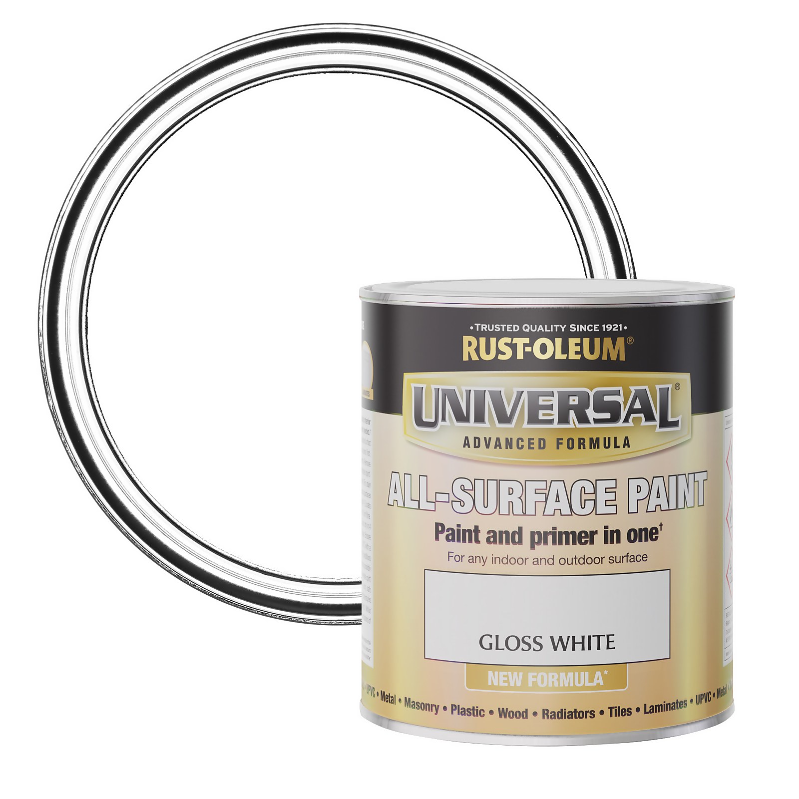 Gloss white all-surface paint in a 750ml can by Rust-Oleum, featuring a sleek black and gold label, ideal for various indoor and outdoor surfaces.