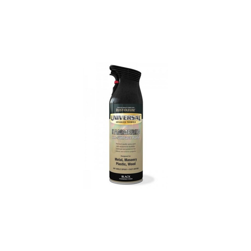 Black hammered spray paint canister with a black nozzle, labeled "Universal All Surface" by Rust-Oleum, suitable for metal, masonry, plastic, and wood, 400ml size.