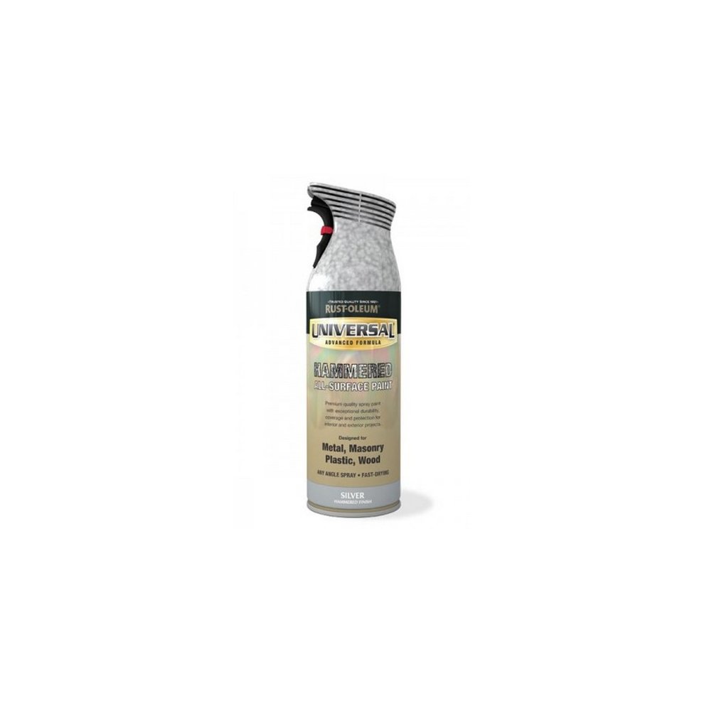 Rust-Oleum Hammered Silver Metallic Spray Paint in a 400ml can, featuring a textured silver finish, black spray nozzle, and a label indicating suitability for various surfaces.