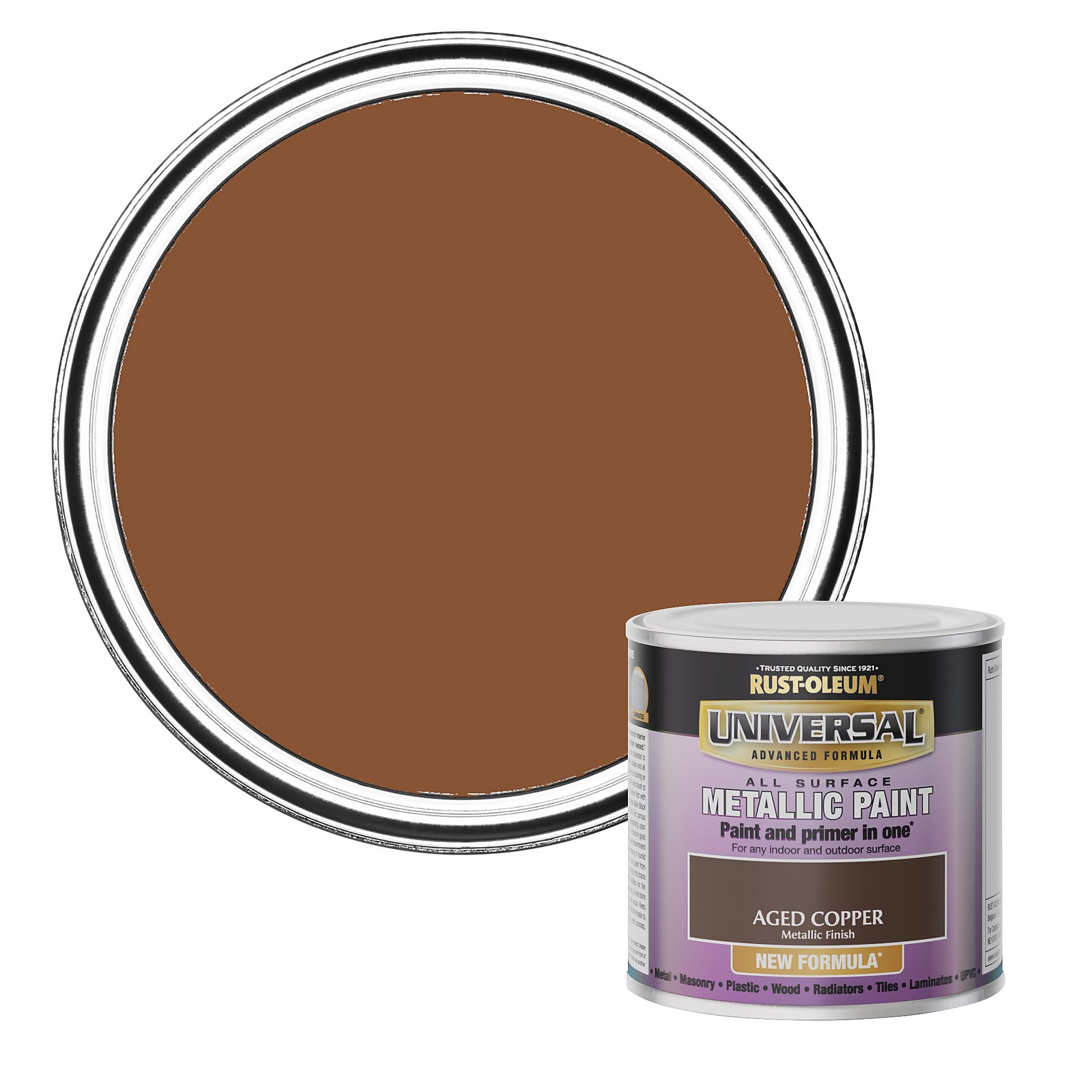 A round tin of Rust-Oleum Universal Aged Copper Metallic All-Surface Brush Paint, featuring a rich copper color with a metallic finish, alongside a swatch of the paint.