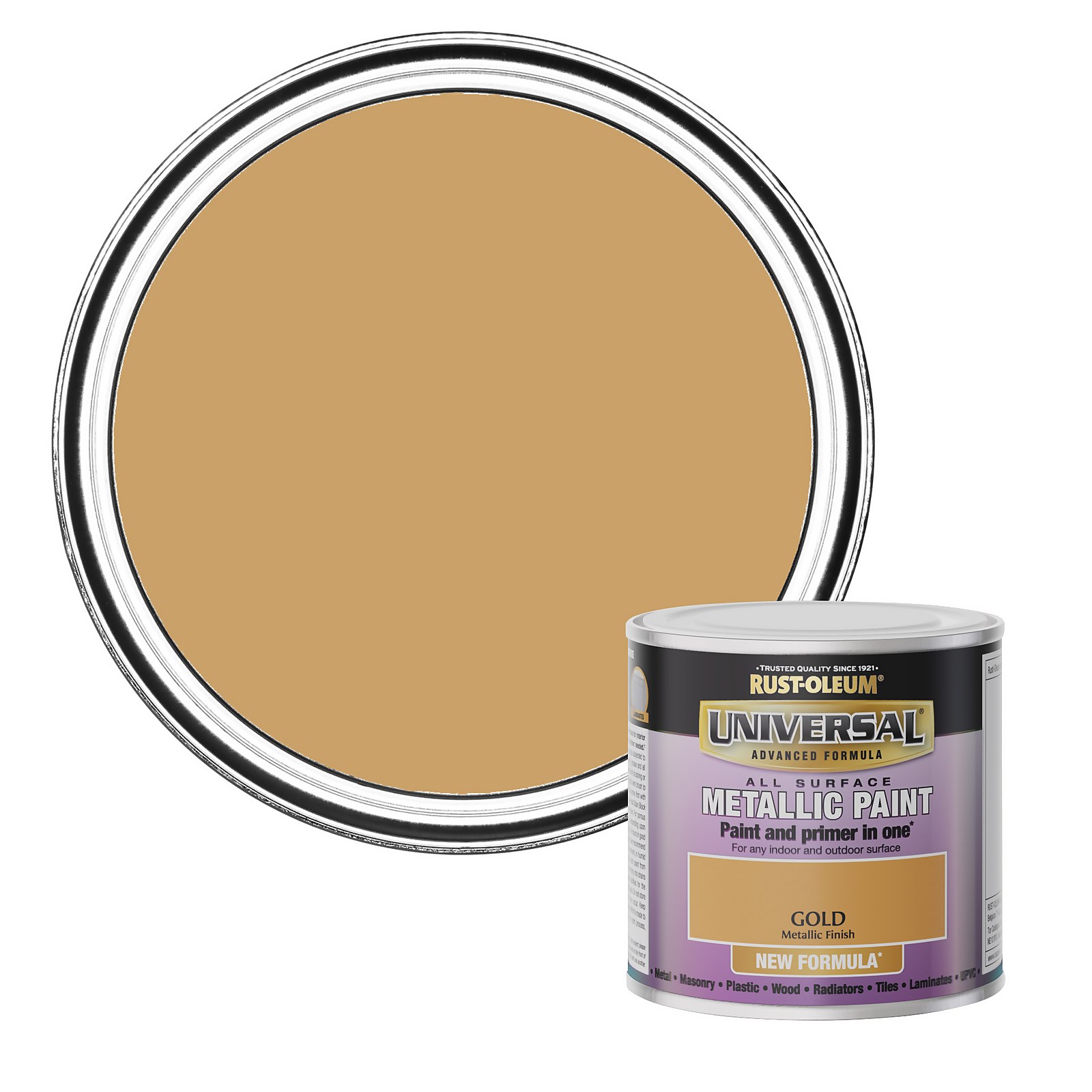 Metallic gold paint in a 250ml can by Rust-Oleum, featuring a sleek design with a purple label, showcasing its dual function as paint and primer.