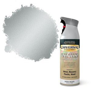 Rust-Oleum Universal Satinwood Nickel Effect Multi-Surface Spray Paint can, featuring a metallic nickel finish, suitable for metal, masonry, plastic, and wood surfaces, 400ml size.