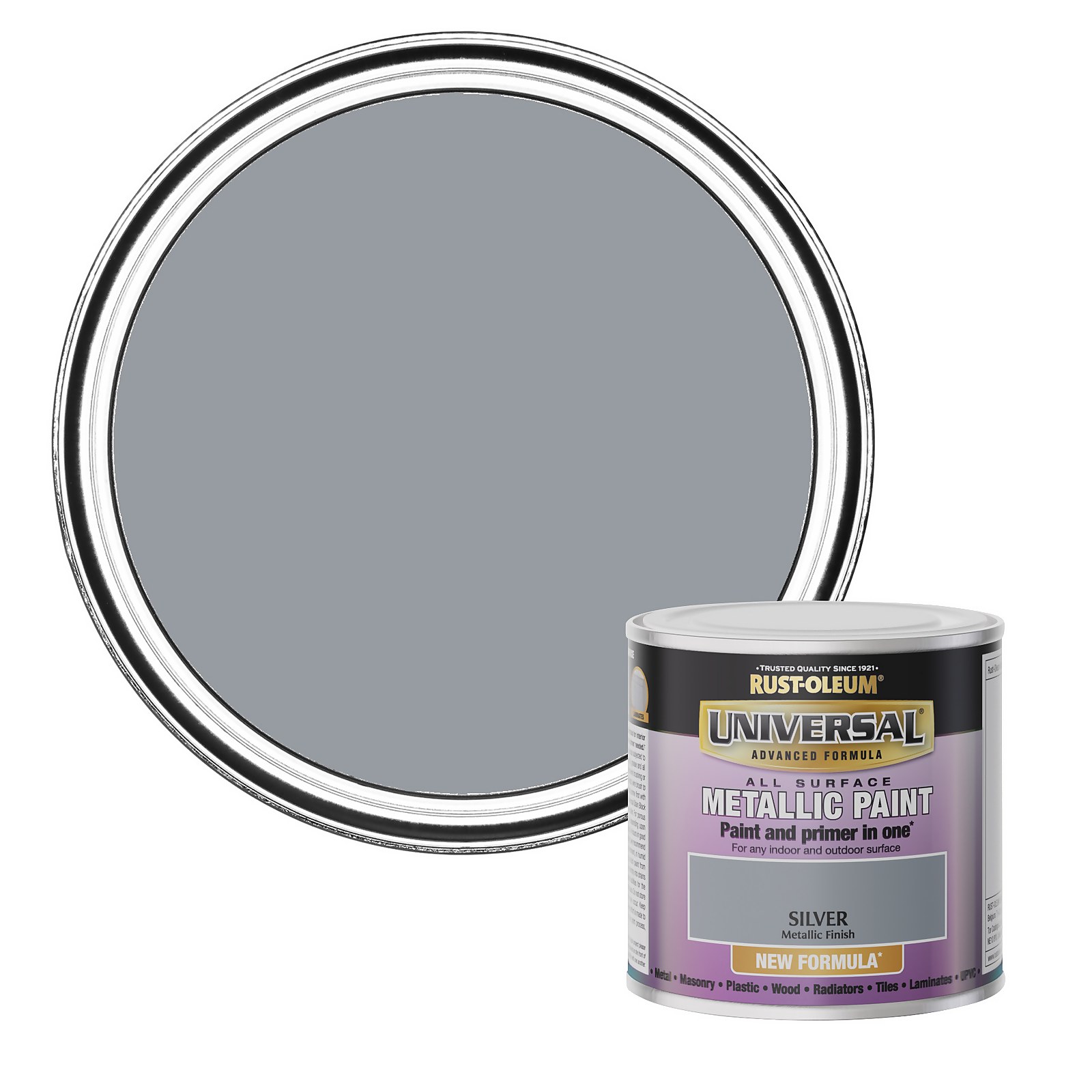 Metallic silver paint in a 250ml can by Rust-Oleum, featuring a sleek design with a purple label and a shiny silver paint swatch on the lid.