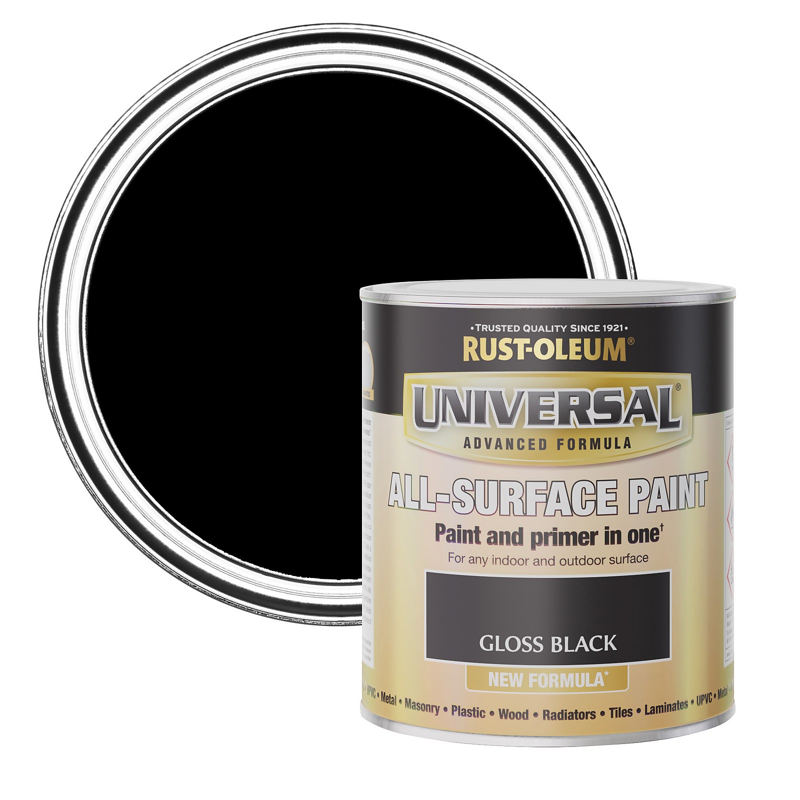 Gloss black 750ml can of Rust-Oleum Universal All-Surface Paint, featuring a shiny finish, suitable for various surfaces, with a label highlighting its new formula.