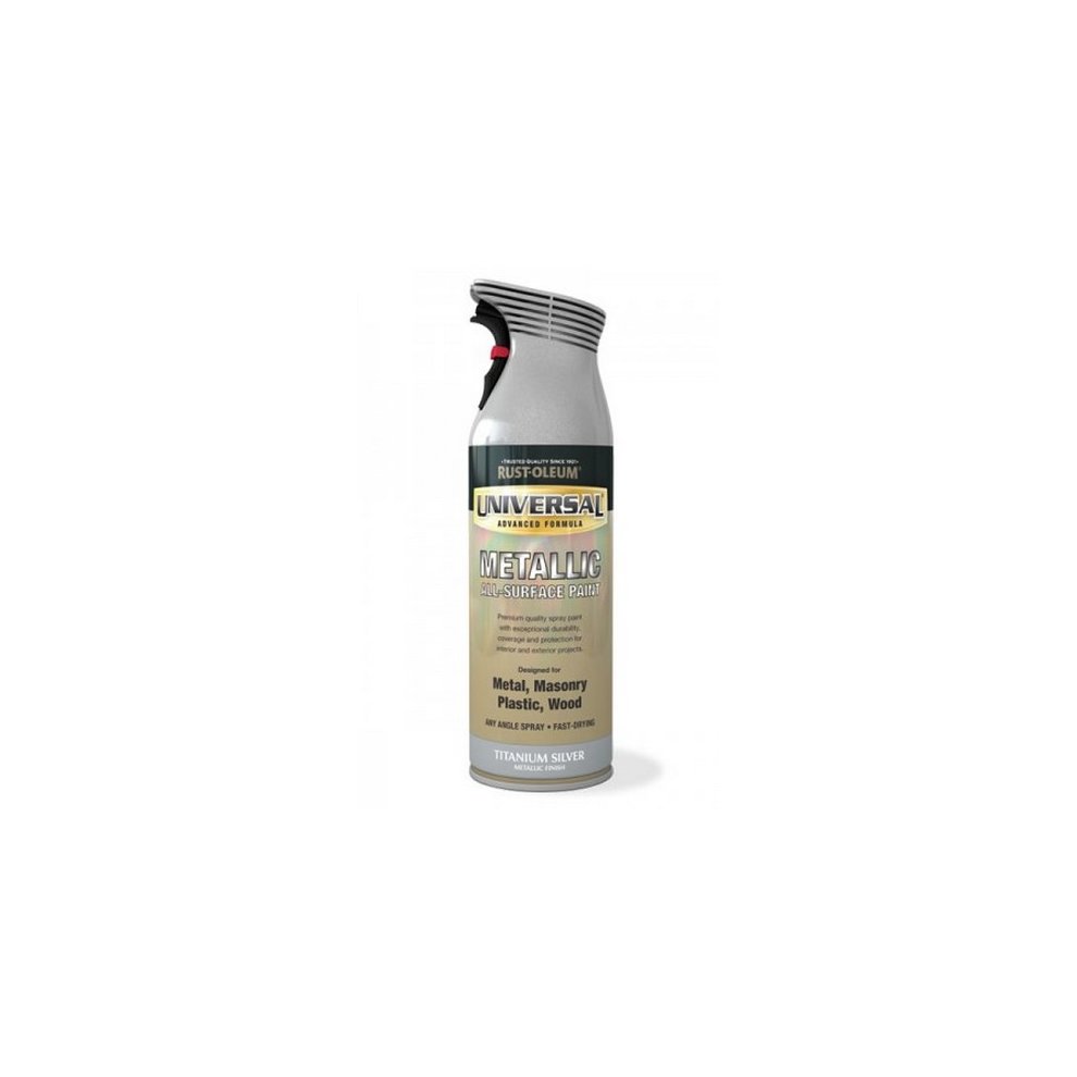 Metallic silver spray can with a black nozzle, labeled "Rust-Oleum Universal All Surface Metallic 400ML," suitable for various surfaces including metal, plastic, and wood.