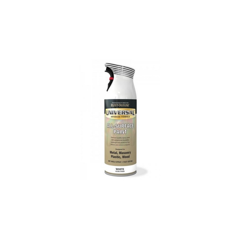 Rust-Oleum Universal All Surface Gloss spray can, 400ML, featuring a sleek silver design with a black nozzle, labeled for use on metal, masonry, plastic, and wood surfaces.
