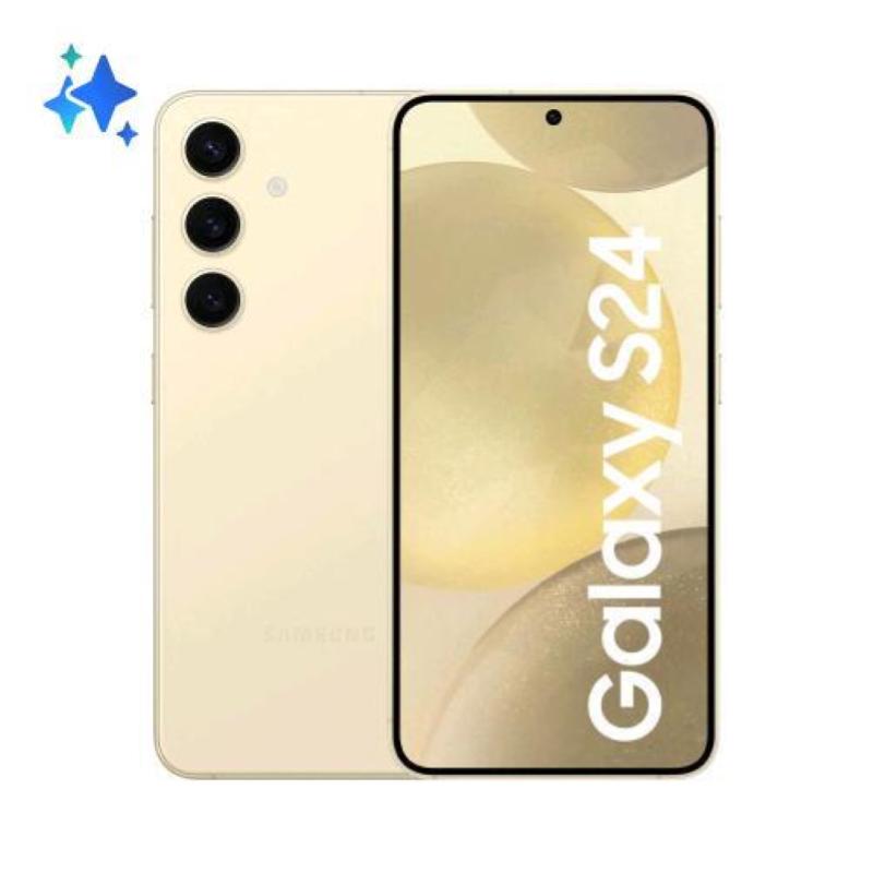 Samsung Galaxy S24 smartphone in Amber Yellow, featuring a sleek design, 6.2-inch display, triple rear camera setup, and "Galaxy S24" branding on the front.