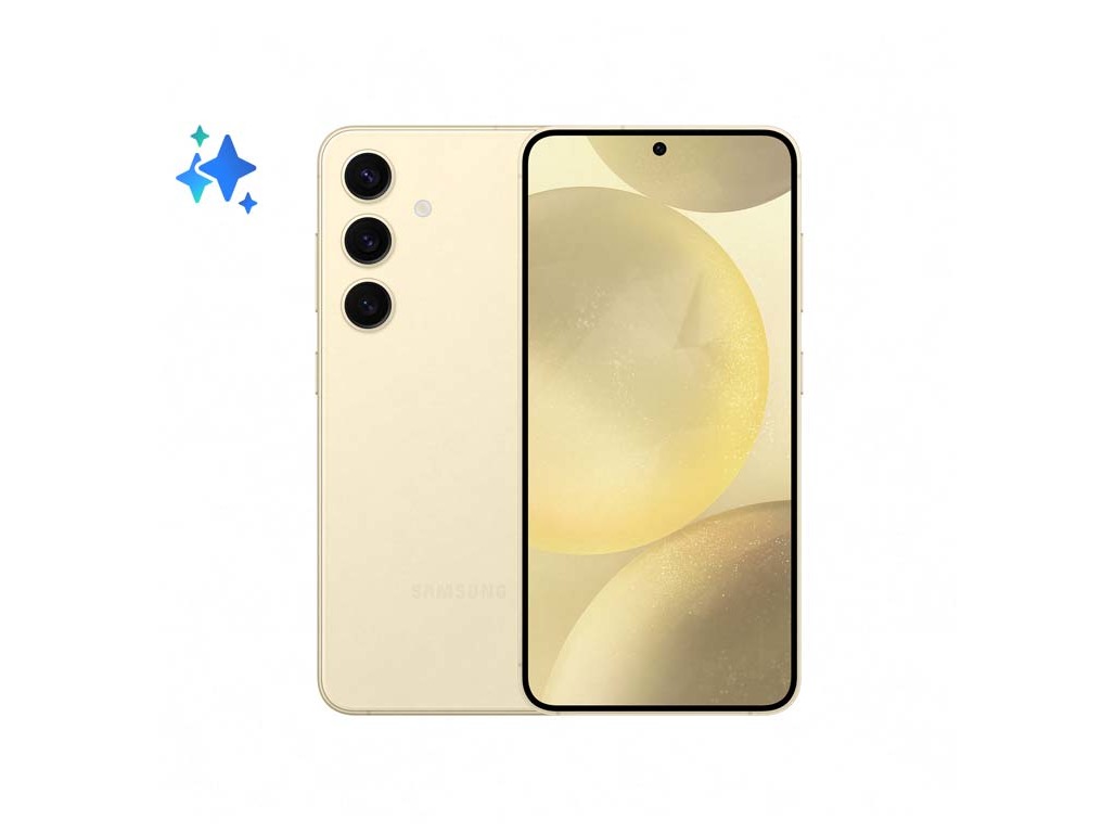 Samsung S24+ 5G smartphone in Amber Yellow, featuring a sleek design, three rear cameras, and a large display with minimal bezels.