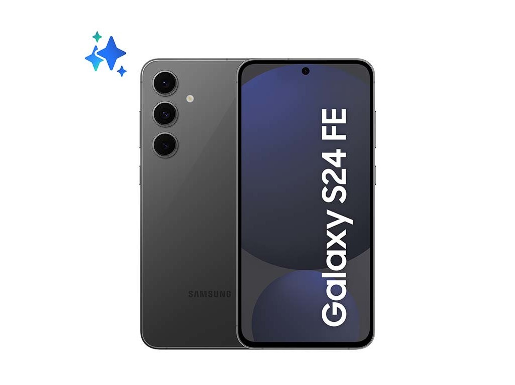 Samsung Galaxy S24 FE smartphone in graphite, featuring a sleek design, dual SIM capability, 8GB RAM, 128GB storage, and a vibrant display with the model name prominently displayed.