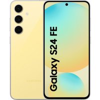 Yellow Samsung S24 Fe 5G smartphone, triple rear cameras, 8/128Gb, edge-to-edge display with centered punch-hole camera.