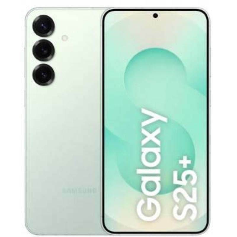 Samsung Galaxy S25+ 5G in mint green, featuring a sleek design, three rear cameras, and a vibrant display with "Galaxy S25+" text prominently on the screen.