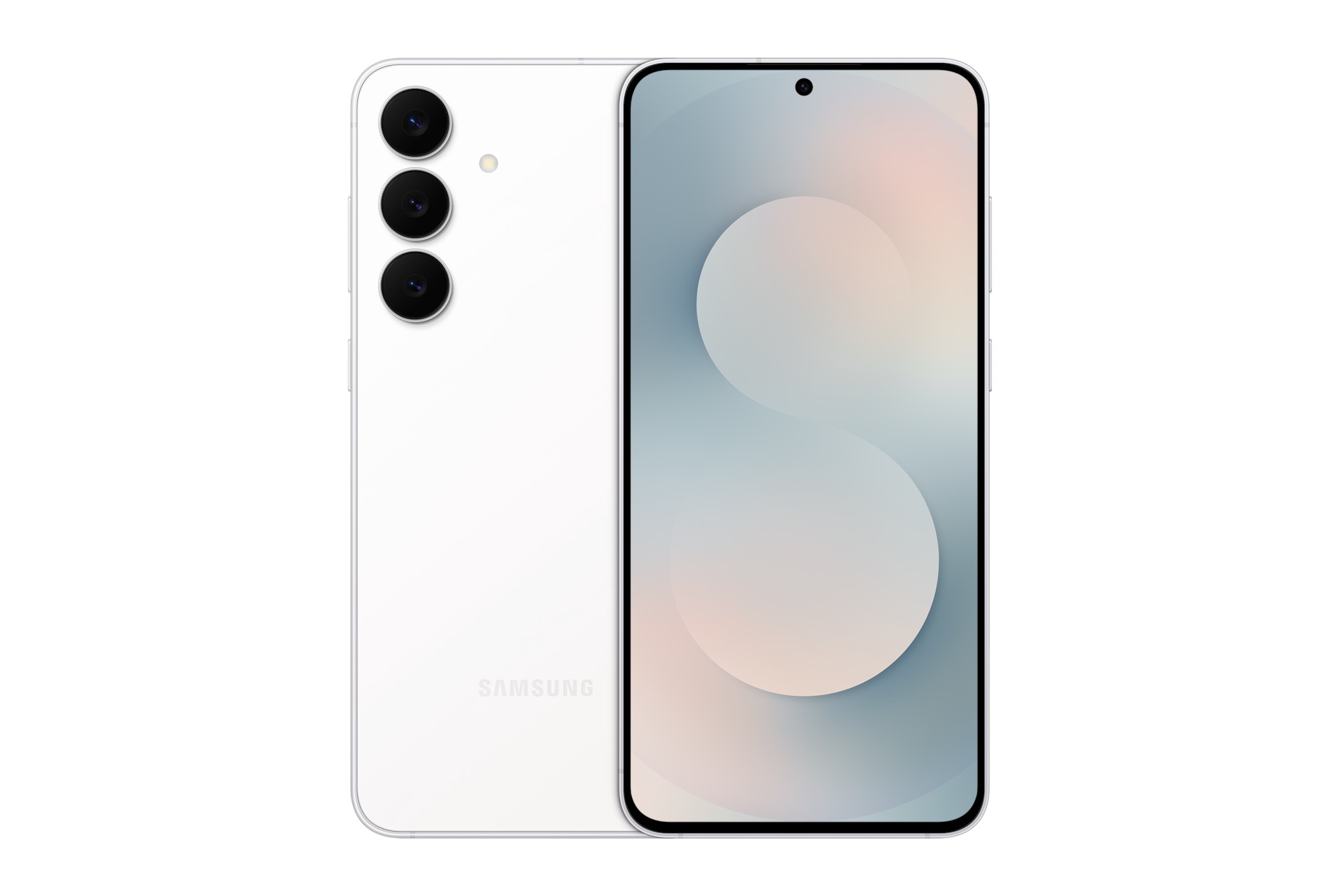 Samsung Galaxy S25 FE in white, featuring a sleek design, three rear cameras, and a vibrant display with a centered front camera cutout.