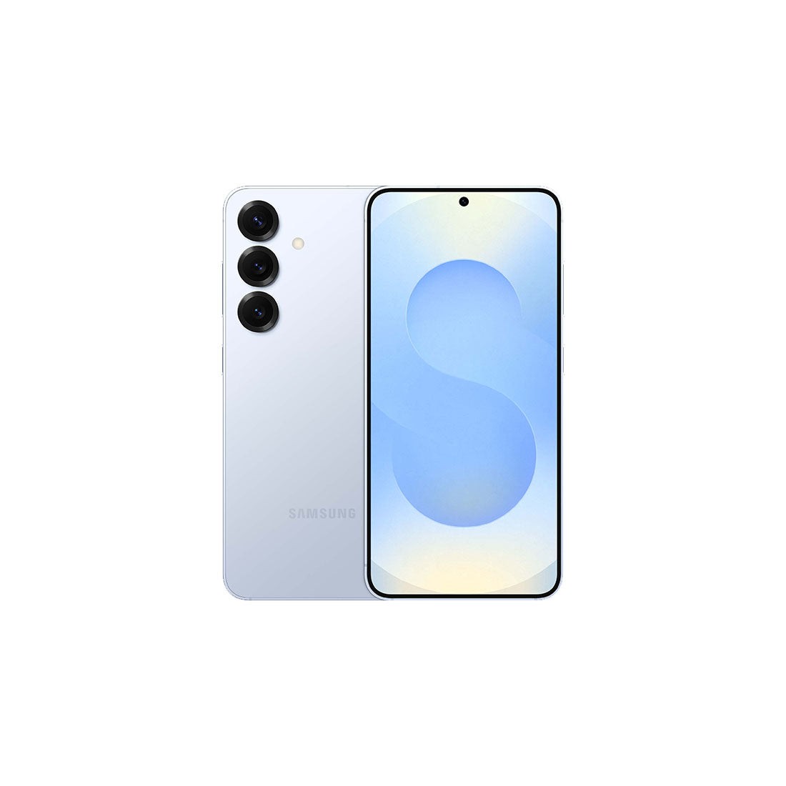 Samsung S25 smartphone in mint color with a 6.2-inch display, featuring three rear cameras, 12GB RAM, and 256GB storage, showcasing a sleek design and minimal bezels.