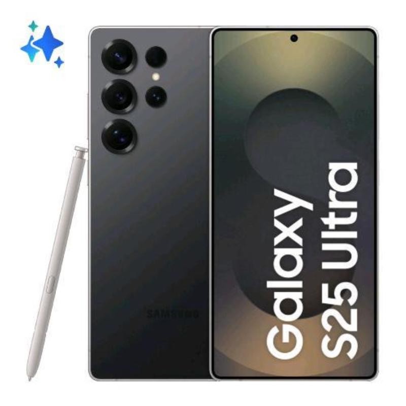 Samsung Galaxy S25 Ultra in Titanium Black, featuring a sleek design, large display with "Galaxy S25 Ultra" text, and a stylus beside it, showcasing multiple rear camera lenses.