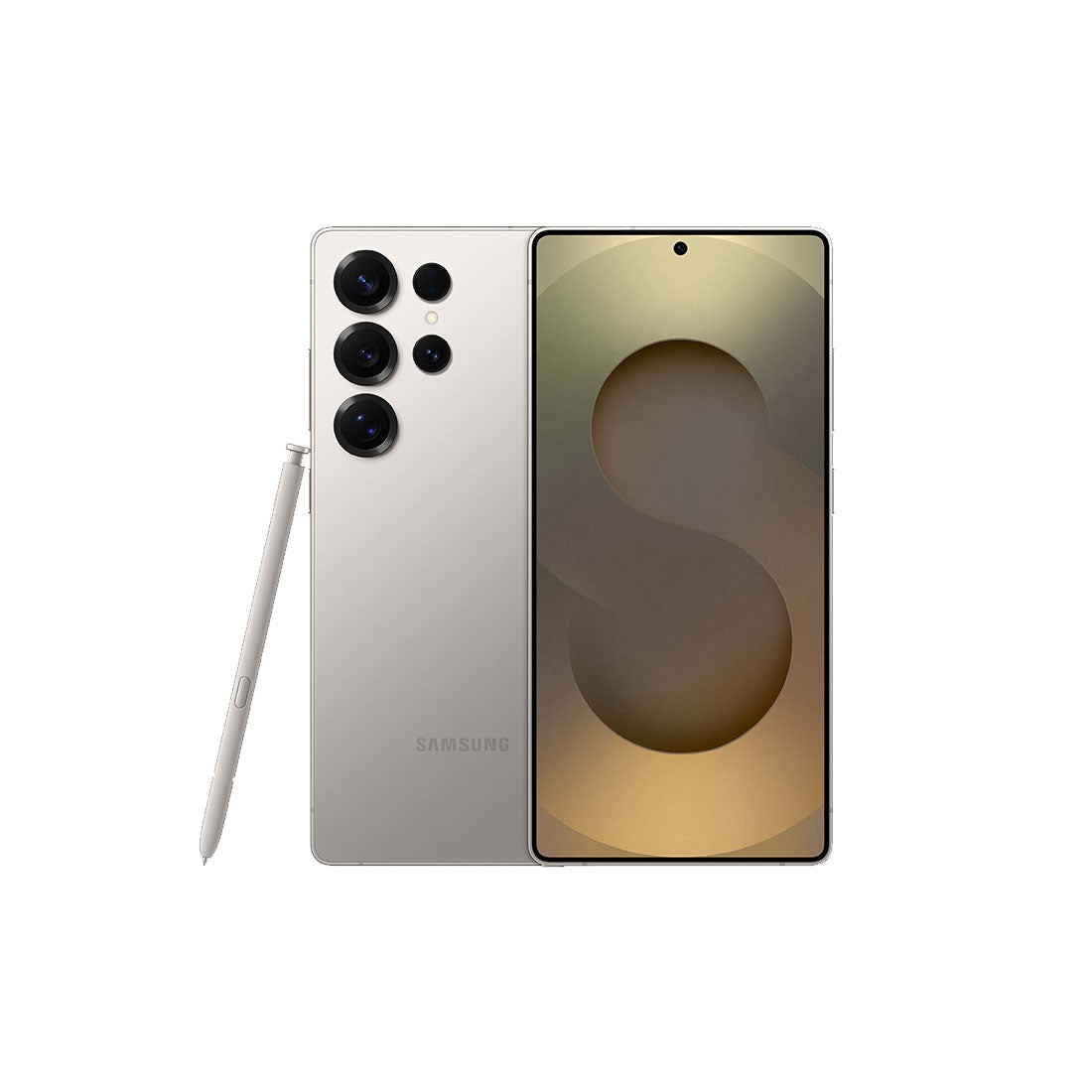 Samsung S25 Ultra 5G in Titanium Grey features a sleek design, large display, triple rear cameras, and an S Pen, with a glossy finish and minimal bezels.