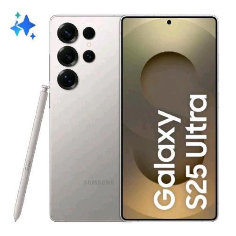 Samsung Galaxy S25 Ultra in Titanium Grey, featuring a sleek design, large display, and four rear cameras, accompanied by an S Pen stylus.