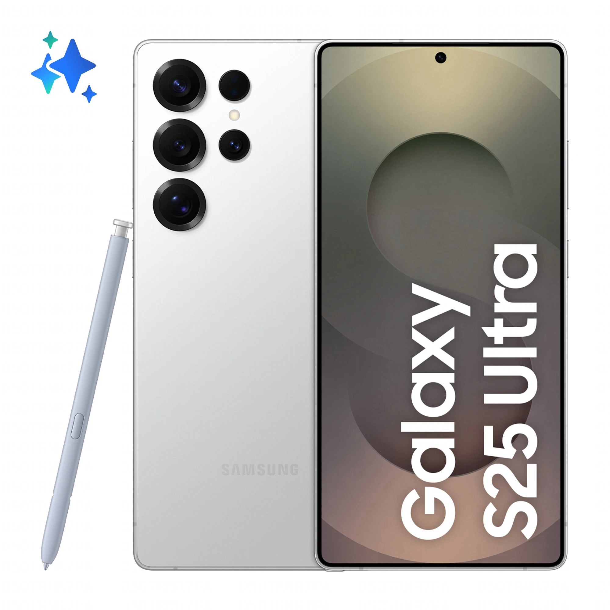 Samsung Galaxy S25 Ultra in titanium whitesilver, featuring a sleek design, large display, five rear cameras, and a stylus pen.