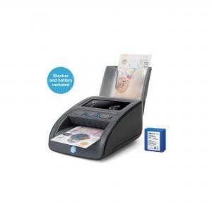 Automatic counterfeit detector in black with a sleek design, featuring a bill slot, control buttons, and a stacker, accompanied by a blue battery pack labeled "Lb105."