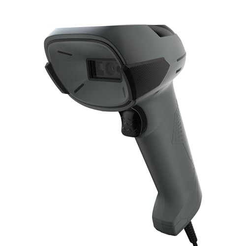 Handheld barcode scanner in dark gray with a textured grip, featuring a scanning window, a trigger button, and a sleek ergonomic design for easy handling.