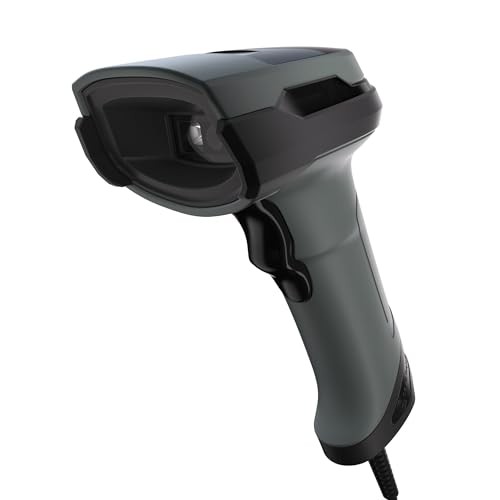 Handheld barcode scanner in dark gray with a textured grip, featuring a large scanning window and a trigger for easy operation, designed for efficient barcode reading.