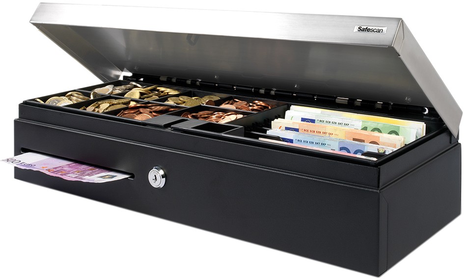 Black metal cash drawer with a stainless steel flip top, featuring 8 coin compartments and 4 note slots, securely locked with a key.