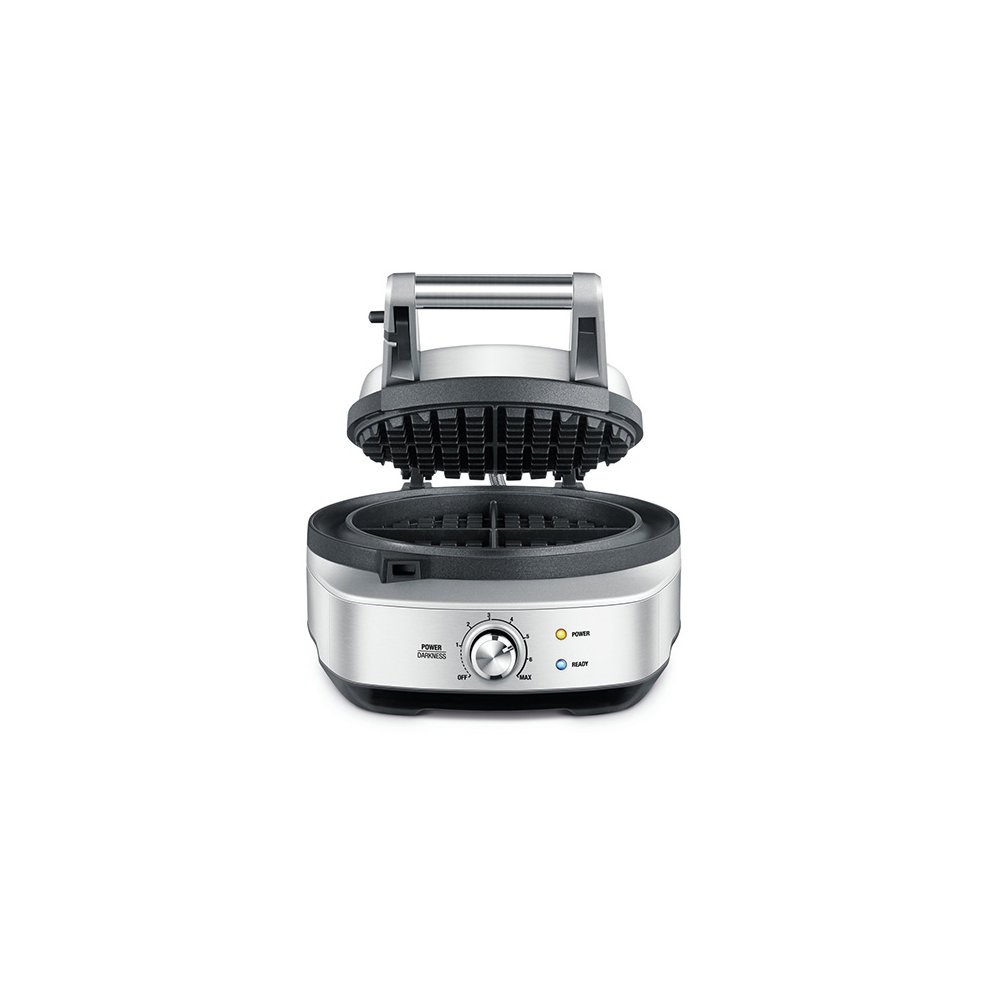 Sage BWM520BSSUK No Mess Waffle Maker in stainless steel with a sleek design, featuring a non-stick cooking surface, adjustable temperature dial, and a removable drip tray.