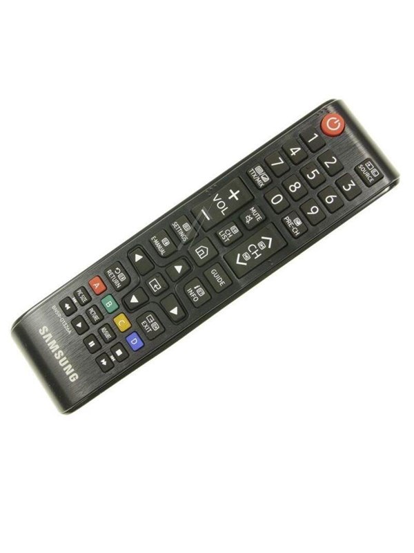Samsung remote control featuring a sleek black design, numerous buttons for volume, channel selection, and navigation, with a prominent red power button at the top.