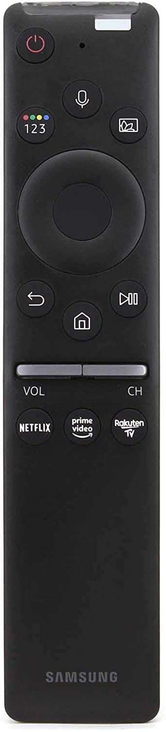Black Samsung remote control featuring a circular navigation pad, buttons for Netflix, Prime Video, and Rakuten TV, plus volume and channel controls.