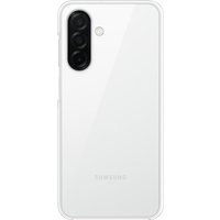 White Samsung smartphone with triple rear cameras and flash, sleek design, transparent case.