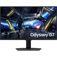 Samsung 27" G70D Odyssey Smart Gaming Monitor, sleek black design, vivid display with sci-fi game scene, 144Hz refresh rate.
