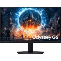 Samsung 27" Odyssey G6 gaming monitor, slim bezel, vibrant QHD display, futuristic game scene on screen.