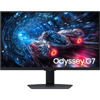 Samsung 27" Odyssey G7 monitor with sleek black frame, vibrant 4K display, and futuristic racing game on screen.