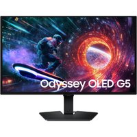 Samsung 27" Odyssey OLED G5 monitor, thin bezel, vibrant QHD display, futuristic gaming scene on screen.