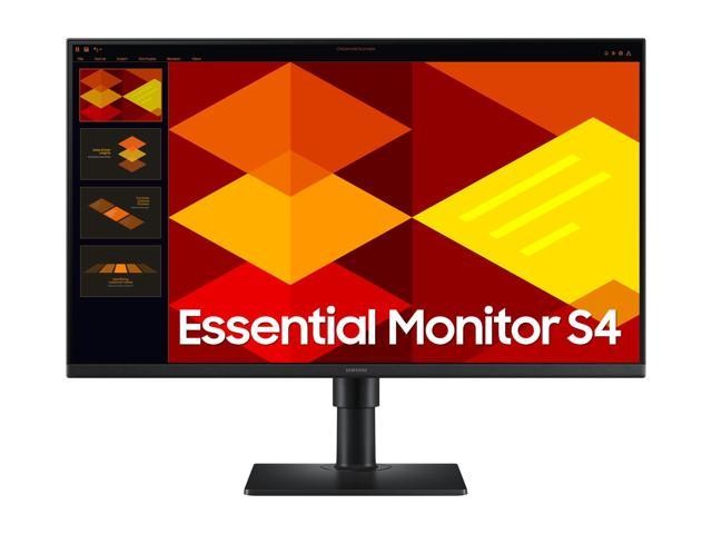 Samsung 27" S40GD Full HD IPS monitor with a sleek black bezel and stand, showcasing vibrant geometric designs in red, orange, and yellow on the screen.