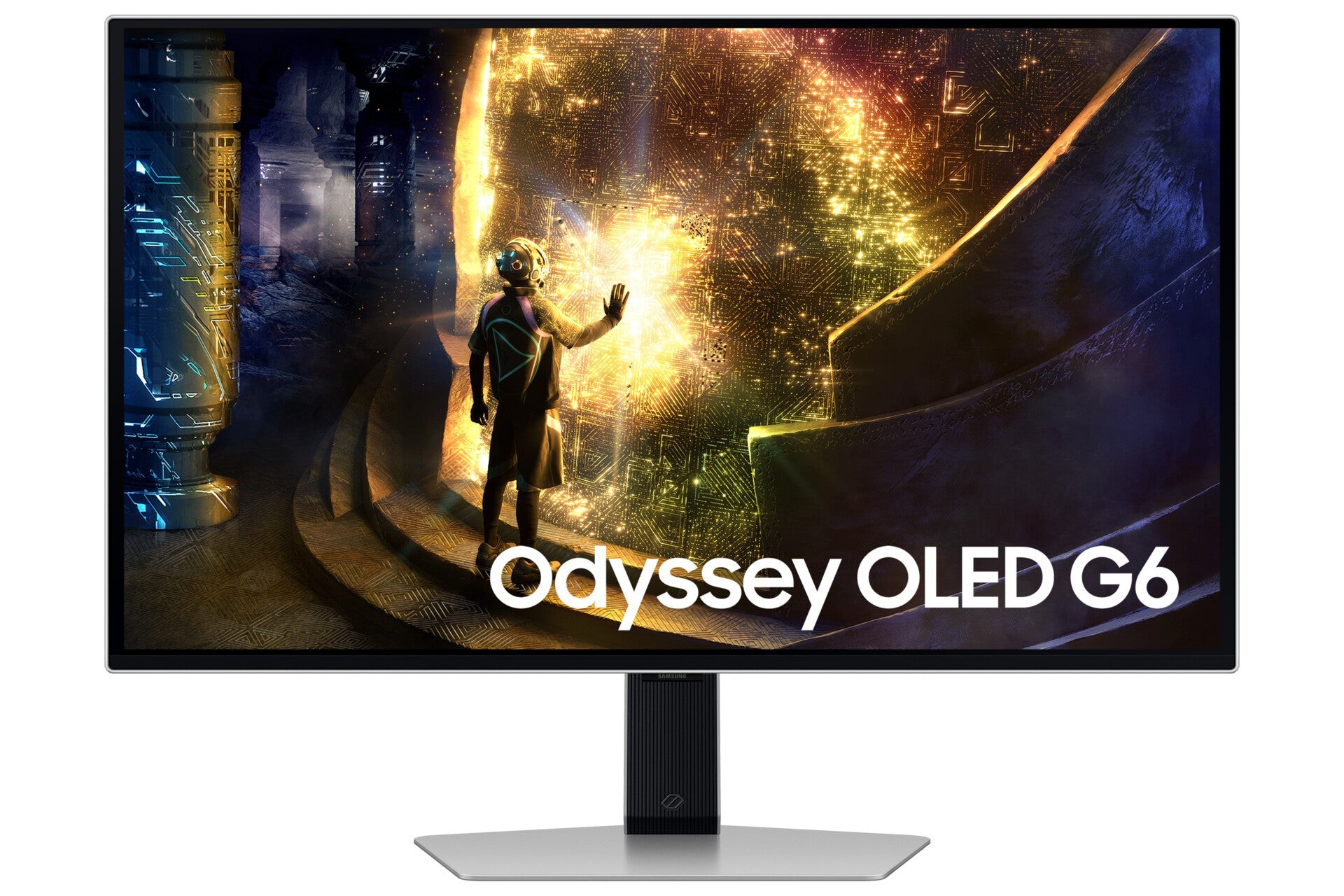 Samsung 27" Odyssey OLED G61SD gaming monitor features a sleek black design, QHD resolution, 240Hz refresh rate, and a modern stand, showcasing vibrant colors and sharp visuals.