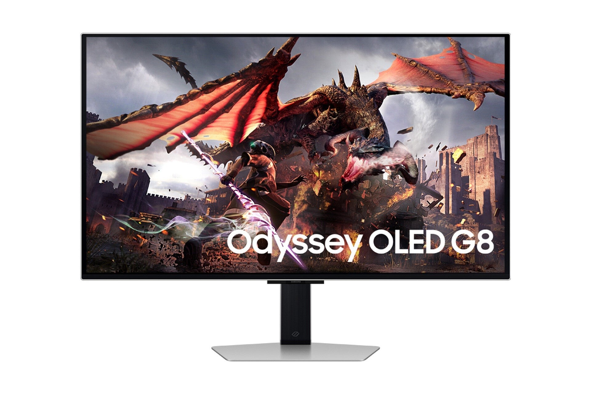 32-inch Samsung Odyssey OLED G80SD gaming monitor featuring a sleek black design, UHD resolution, 240Hz refresh rate, and vibrant visuals with a dragon-themed display.