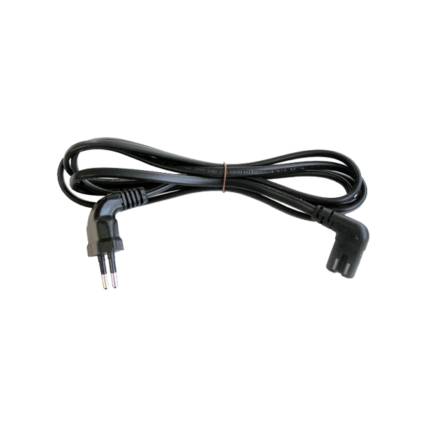 Black power cable with a curved connector and a straight plug, made of durable plastic, designed for Samsung devices.