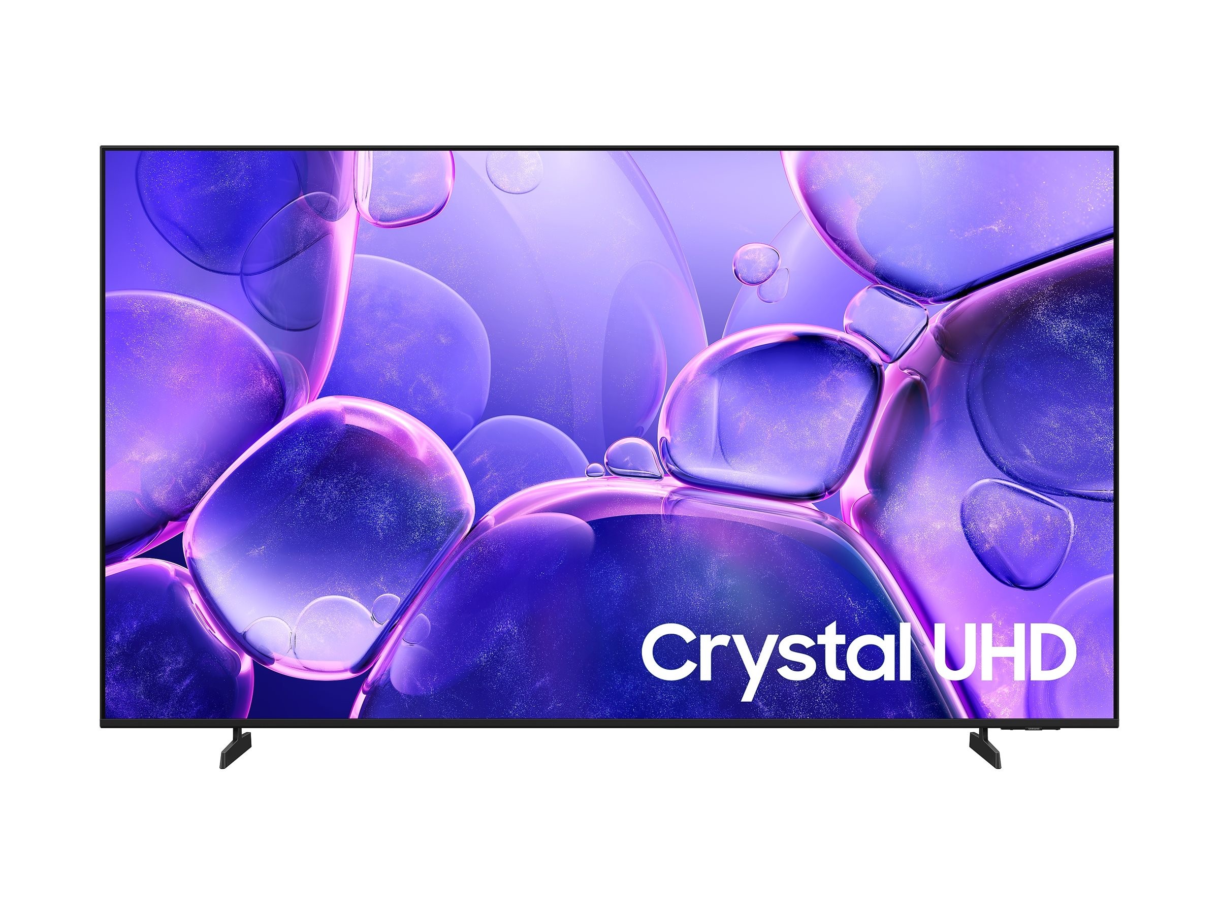 Samsung 43" HU7000F Commercial TV features a sleek black frame, vibrant purple bubble wallpaper, and a prominent "Crystal UHD" logo on the lower right corner.