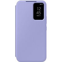 Purple Samsung phone case with smart view window displaying time and date.