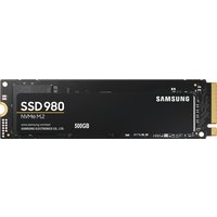 Black Samsung 980 500GB M.2 NVMe SSD with gold connector and white branding on a rectangular circuit board.