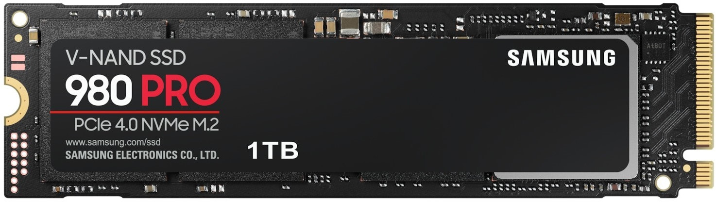 Samsung 980 PRO 1 TB M.2 NVMe SSD with a sleek black metal casing, featuring bold red "PRO" lettering and gold connectors for high-speed data transfer.